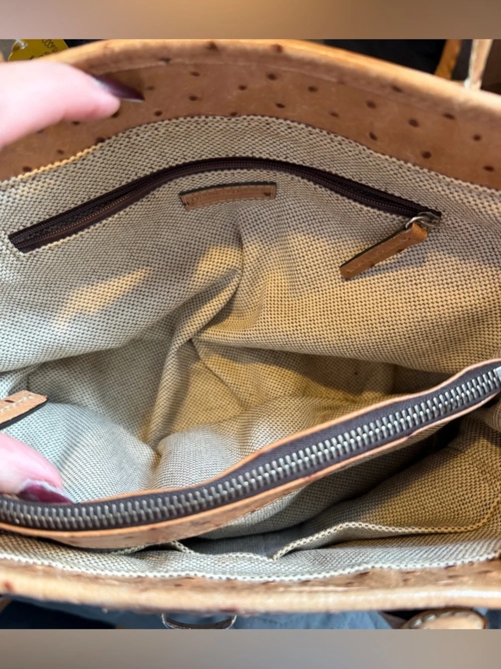 Dooney & Bourke Ostrich Embossed Rare Leather Bristol Logo Lock Satchel Tan